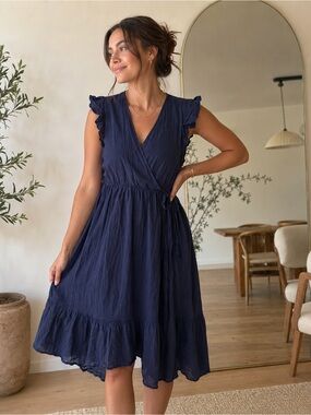 Old Navy Navy Blue Wrap Dress Ruffle Trim Cottagecore Boho Large Romantic Flowy